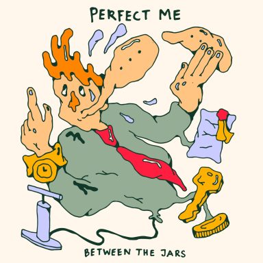 Een cartoon van een man in een pak met een ongebruikelijke gezichtsuitdrukking en gebaren.